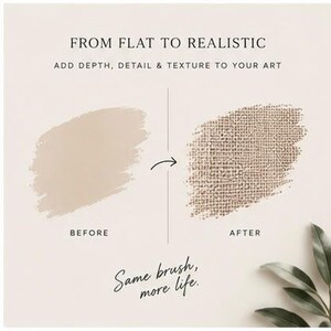 May include: A digital graphic showing a before and after comparison of a beige paint stroke. The left side is flat, while the right side features a textured canvas effect. Text reads: FROM FLAT TO REALISTIC, ADD DEPTH, DETAIL & TEXTURE TO YOUR ART, and Same brush, more life.