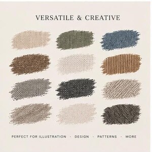 May include: A digital graphic featuring the text VERSATILE & CREATIVE at the top and PERFECT FOR ILLUSTRATION &middot; DESIGN &middot; PATTERNS &middot; MORE at the bottom. Twelve distinct rectangular brush strokes display various textured patterns in shades of beige, olive green, blue, brown, gray, and black.