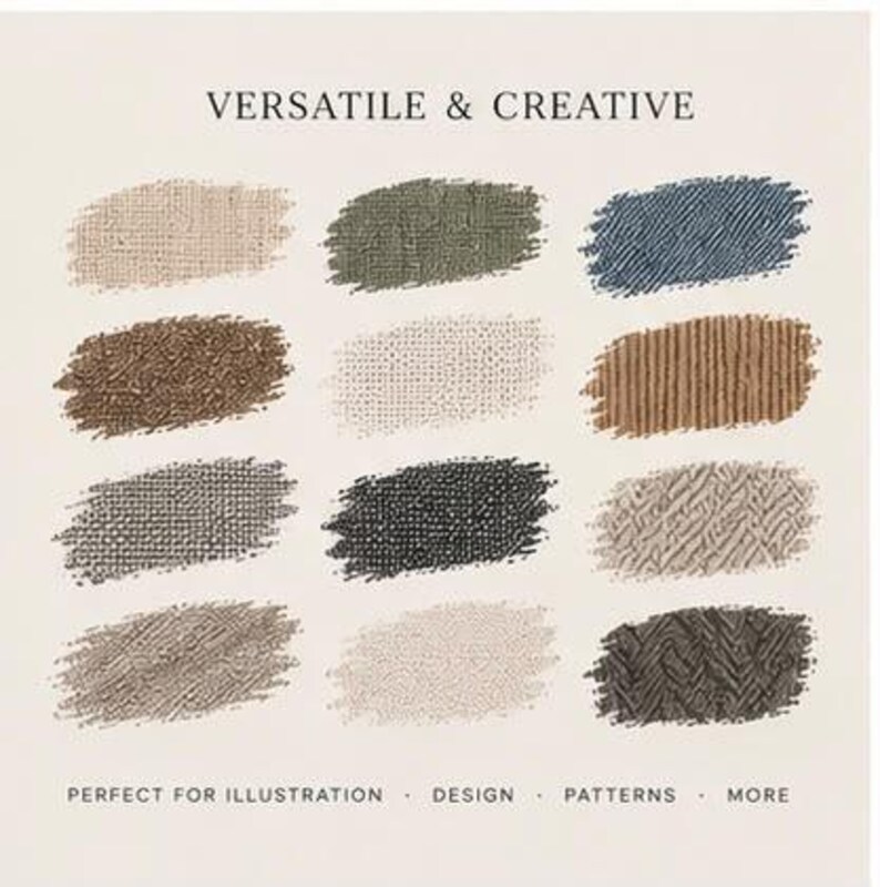 May include: A digital graphic featuring the text VERSATILE & CREATIVE at the top and PERFECT FOR ILLUSTRATION &middot; DESIGN &middot; PATTERNS &middot; MORE at the bottom. Twelve distinct rectangular brush strokes display various textured patterns in shades of beige, olive green, blue, brown, gray, and black.
