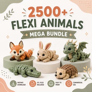 May include: A digital graphic featuring the text 2500+ FLEXI ANIMALS MEGA BUNDLE. Five articulated animal figures are displayed: an orange fox, a beige rabbit, a green dragon, a green crocodile, and a brown hedgehog, all with large black eyes.