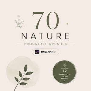 Op de afbeelding: Een digitale afbeelding met de tekst 70 NATURE PROCREATE BRUSHES en een Procreate-logo. Het ontwerp bevat een kleine lijntekening van een blad, een grote beige cirkel in aquarel-stijl met een donkergroene tak met bladeren en een donkergroene cirkel.