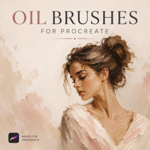 Könnte beinhalten: Digitale Grafik mit dem Text OIL BRUSHES FOR PROCREATE über einem Ölgemälde-Porträt einer Person mit braunem Dutt, die ein weißes Oberteil trägt, vor einem strukturierten beigen Hintergrund mit dem Made for Procreate Logo.