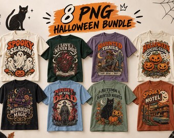 Halloween PNG-paket, vintage Halloween-tröjdesigner, retro läskig PNG, sublimering av gotisk häxa, skelettpumpa, t-shirtdesign