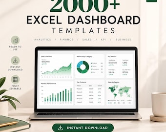 Paket med över 2000 mallar för Excel-instrumentpaneler | KPI, ekonomi, försäljning och affärsanalys | Redigerbara Excel-instrumentpaneler | Direkt digital nedladdning