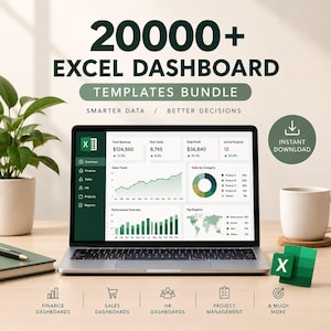 Puede incluir: Una pantalla de portátil que muestra un panel de control de Excel con visualizaciones de datos, gráficos y métricas. El texto dice 20000+ EXCEL DASHBOARD TEMPLATES BUNDLE, SMARTER DATA / BETTER DECISIONS e INSTANT DOWNLOAD, con iconos de finanzas, ventas y RRHH.