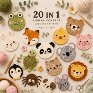 20-in-1 Animal Crochet Coaster Patterns PDF | Mug Hugger Crochet Bundle | Cute Animal Cup Coasters | Beginner Friendly | Instant Downloa