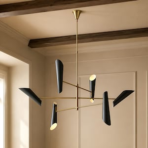 1950's Mid Century Brass Black Franco 6 Lights Sputnik Italian Ceiling Chandelier Curved Arms Starburst Light Fixture