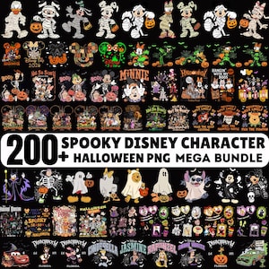 以下が含まれることがあります： ハロウィーンをテーマにした200種類以上のディズニーキャラクターのデジタルグラフィックコレクション。仮装したキャラクター、カボチャ、不気味なモチーフが描かれており、中央に「200+ SPOOKY DISNEY CHARACTER HALLOWEEN PNG MEGA BUNDLE」というテキストが表示されています。