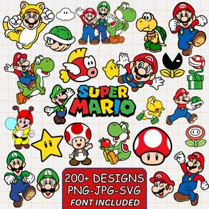 May include: A digital collection of Super Mario character illustrations including Mario, Luigi, Yoshi, Toad, and various power-ups. The graphic features the Super Mario logo and a red text box stating 200+ DESIGNS PNG-JPG-SVG FONT INCLUDED.