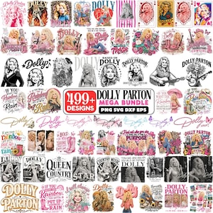 Könnte beinhalten: Eine digitale Sammlung von über 499 Dolly Parton Grafikdesigns mit verschiedenen Illustrationen der Sängerin, darunter Porträts, Silhouetten und stilisierter Text. Das Paket enthält eine Vielzahl von künstlerischen Stilen und Farbpaletten.