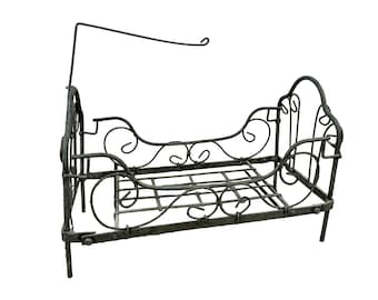 Doll Bed Metal Distressed Green 11" Vintage Style Canopy Dollhouse Furniture