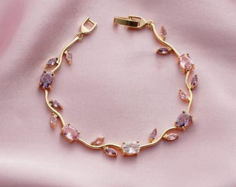 Gold Pastel Tulip Floral Bracelet-18K Coquette Flower Bracelet- Pink & Lilac Crystals – Fairytale Inspired Jewelry Gift for Her