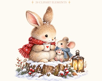 Puede incluir: Una ilustración digital titulada WINTER WOODLAND FRIENDS 20 CLIPART ELEMENTS que muestra un conejo marrón con bufanda roja y un ratón con bufanda azul sobre un tocón nevado. Ambos sostienen tazas blancas con corazones rojos junto a una linterna encendida.