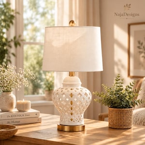 White Ceramic Ginger Jar Table Lamp Quatrefoil Fretwork Brass Gold Bedside Nightstand Lamp Linen Shade LED Bulb Bedroom Living Room
