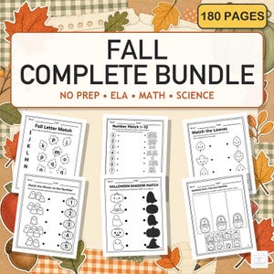 May include: A Fall Complete Bundle educational resource set featuring 180 pages of ELA, math, and science worksheets. The collection includes black and white activity sheets with themes like letter matching, number counting, and shadow matching.