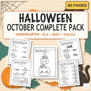 May include: A 60-page Halloween October complete pack for kindergarten featuring ELA, math, and science worksheets. The pack includes activities like pumpkin size sorting, matching ghosts to numbers, rhyming words, and sight word practice.