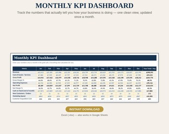 Monthly KPI Dashboard for Small Business | Excel Revenue Tracker (Instant Download)