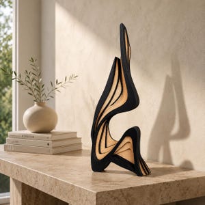 Abstrakcyjna rzeźba z drewna, nowoczesny wystrój rzeźbiarski, minimalistyczna drewniana statua, designerska półka artystyczna, prezent na parapetówkę