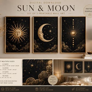 Moon Phase Print, Sun Moon Decor, Dark Celestial Set of 3 Prints, Vintage Moon Art, Luxury Printable Wall Art, Instant Download