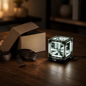 Könnte beinhalten: Eine leuchtende würfelförmige Lampe mit einer internen geometrischen Rahmenstruktur und hellweißen LED-Lichtern, verbunden durch ein schwarzes Stromkabel, platziert neben einer offenen braunen Pappschachtel mit passendem braunem Band.