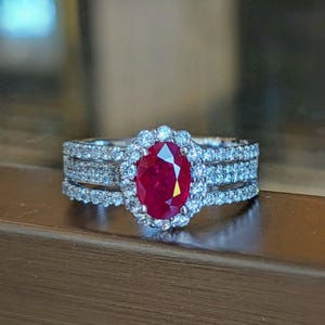 4.60 Ct Natural Red Ruby & Diamond Engagement Ring in Solid 14K White Gold, Oval Cut, Vintage Style Bridal, Anniversary Gift for Her