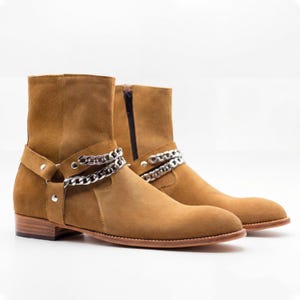 Mens Suede Harness Boots with Silver Chain Strap | Handmade Zip Up Ankle Boots | Biker Moto Style Gift for Him