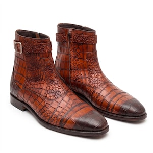 Handmade Brown Alligator Embossed Leather Jodhpur Boots for Men | Side Zip Ankle Buckle Strap Dress Shoes