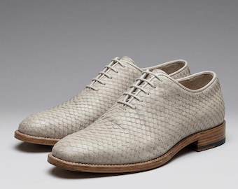 Mens White Leather Oxford Shoes | Snake Textured Handmade Wholecut Dress Shoe for Wedding