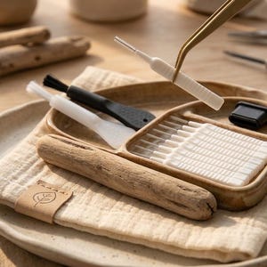 May include: A set of dental cleaning tools including a small white interdental brush held by gold-toned tweezers, a black brush, a white brush, and a tray containing multiple white interdental brushes, all resting on a beige cloth with a leaf logo.