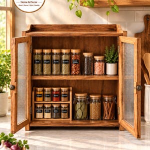 May include: A wooden spice cabinet with two glass-paneled doors, featuring two shelves filled with various glass spice jars with wooden lids. The cabinet displays the Afzal Wood Home & Decor logo in the top left corner and holds assorted spices.