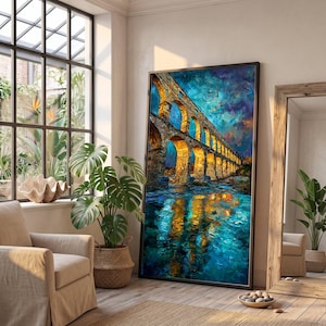 Illuminated Roman Aqueduct Canvas Wall Art, Historic Architecture Decor, Evening Reflection Canvas, Blue and Gold Home Decoration