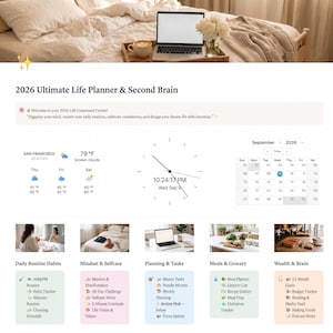May include: A digital 2026 Ultimate Life Planner and Second Brain dashboard featuring a weather widget, analog clock, September 2026 calendar, and categorized sections for daily habits, mindset, tasks, meals, and wealth management.