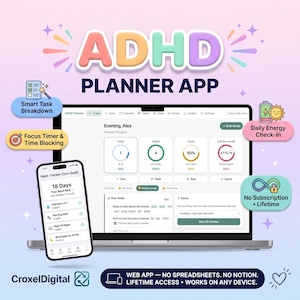 ADHD-planeringsapp, ADHD digital planerare webbapp, neurodivergent daglig planerare, vanespårare, tidsblockering, budgetplanerare för ADHD-vuxna