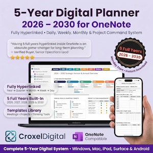 OneNote Planner 2026-2030, 5 Year Hyperlinked OneNote Digital Planner, Work Life Planner for Professionals, Daily Weekly Monthly Planner