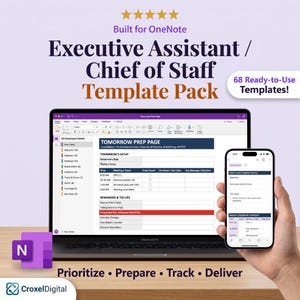 Peut inclure: Un pack de modèles numériques pour OneNote intitulé Executive Assistant / Chief of Staff Template Pack, comprenant 68 modèles prêts à l'emploi. L'écran affiche une page de préparation et une interface de gestion des tâches sur ordinateur et mobile.