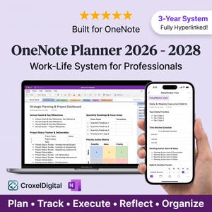 May include: A digital OneNote planner for 2026-2028 displayed on a laptop and smartphone. The interface shows a strategic planning dashboard, project status tracker, and daily execution matrix. Text includes Built for OneNote, 3-Year System, and Plan, Track, Execute, Reflect, Organise.