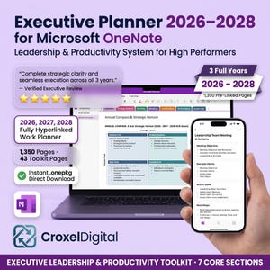 May include: Executive Planner 2026-2028 for Microsoft OneNote featuring a laptop displaying an Annual Compass and Strategic Horizon grid, a smartphone showing a Leadership Team Meeting and Actions list, and 1,350 pre-linked pages.