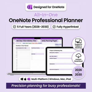 Planificador OneNote 2026-2030, planificador digital hipervinculado de 5 años, planificador de vida laboral para profesionales, planificador de proyectos diario, semanal y mensual.