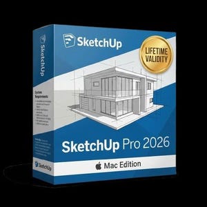 Może przedstawiać: Niebiesko-białe pudełko z oprogramowaniem SketchUp Pro 2026 Mac Edition. Z przodu znajduje się biały rysunek architektoniczny nowoczesnego domu, logo SketchUp oraz złota okrągła pieczęć z czarnym napisem Lifetime Validity.