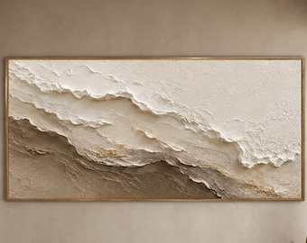 Pintura al óleo abstracta neutra original, lienzo texturizado color crema beige, arte mural minimalista con pan de oro.