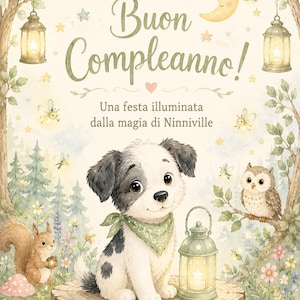 Può includere: Un'illustrazione ad acquerello raffigurante un cucciolo con una bandana verde seduto su un tronco d'albero accanto a una lanterna. Il testo recita Buon Compleanno! Una festa illuminata dalla magia di Ninniville. Circondato da scoiattolo, gufo e fiori.