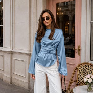 Women's Satin Blouse, Elegant O-Neck Pullover Top, Long Sleeve Workwear