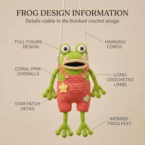 May include: A green crocheted frog figure with a wide mouth, wearing coral-pink overalls with a yellow star patch and a small square patch. The frog has long limbs, webbed feet, and white hanging cords. Text labels include FROG DESIGN INFORMATION.