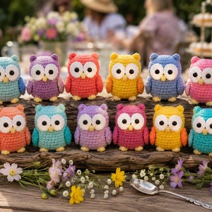 May include: A collection of twelve small, crocheted owl figurines in various bright colours including light blue, purple, orange, yellow, and pink. Each owl features large white and black eyes and a small yellow beak, arranged in two rows.