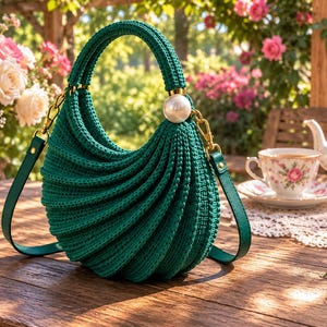 May include: A dark green crochet handbag with a crescent-shaped, ribbed texture. The bag features a single top handle, a large white pearl accent at the connection point, and a detachable green shoulder strap with gold-toned metal hardware.