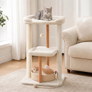 Pode incluir: Uma árvore para gatos de vários níveis com plataformas de pelúcia cor de creme, dois postes de suporte de madeira e dois postes arranhadores revestidos de sisal. Uma cesta trançada fica na base e dois brinquedos de pelúcia estão pendurados.