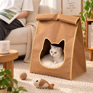 Pode incluir: Uma casa para gatos castanha, semelhante a papel, com fecho de enrolar e uma entrada em forma de gato. A estrutura apresenta um rebordo claro à volta da abertura e um almofada interior branca e felpuda onde um gato claro se encontra.