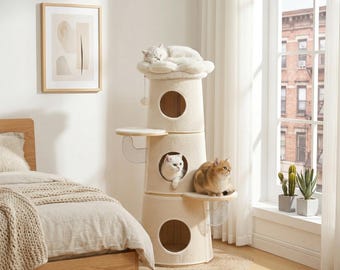 Modern Multi-Level Cat Tower – 3 Condos, Flower Top Bed, Space-Saving Design