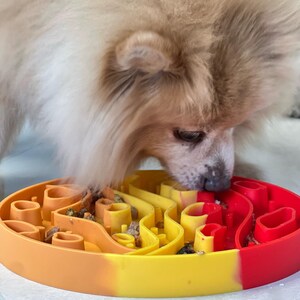 May include: A round, multi-colored slow feeder bowl for pets featuring a gradient design that transitions from orange to yellow to red. The interior of the bowl has a complex, raised maze-like pattern with various compartments to hold dry food.