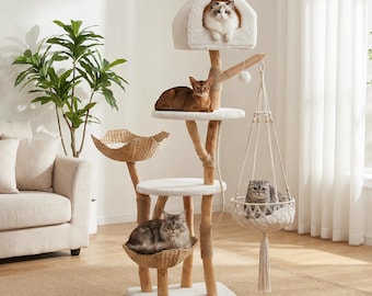 180 cm hoge krabpaal van natuurlijk hout met macramé hangmat – Kattenhuis met meerdere verdiepingen en krabpalen